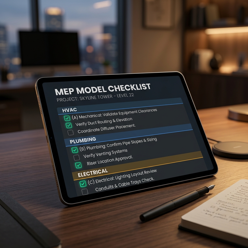 MEP model QA checklist on a tablet — HVAC, plumbing and electrical check items